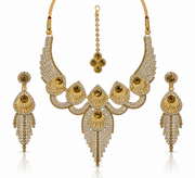 Royal Gold Crystal Statement Necklace Set with Earrings & Maang Tikka