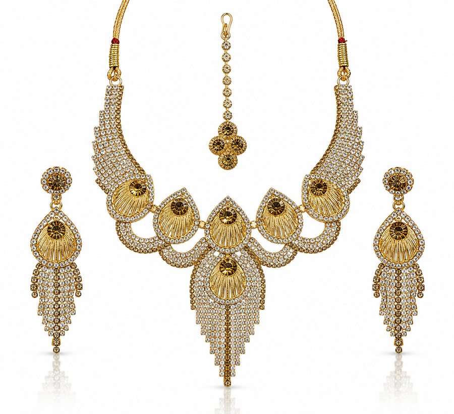 Royal Gold Crystal Statement Necklace Set with Earrings & Maang Tikka