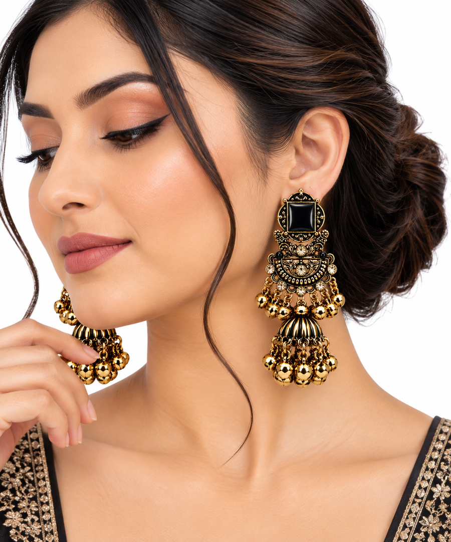 Royal Antique Jhumka Earrings with Statement Stone & Golden Ghungroo