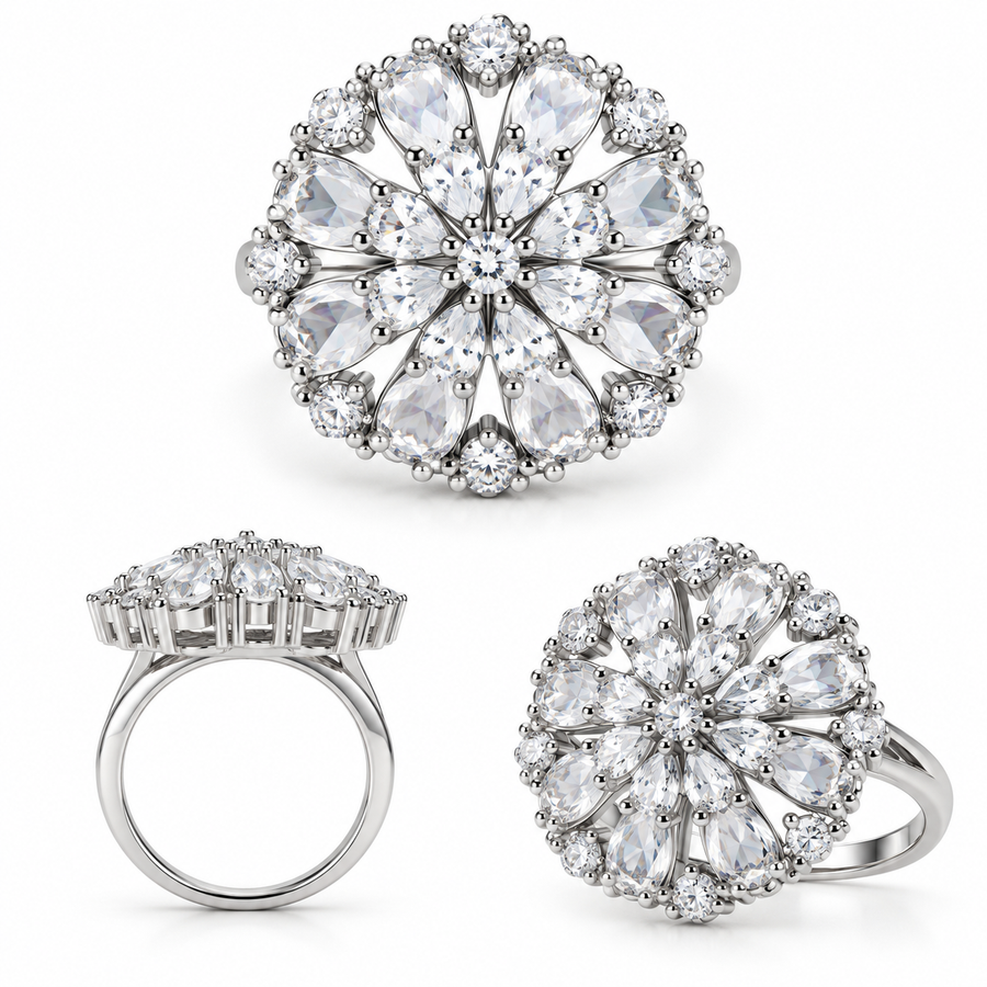 Silver Crystal Floral Statement Ring