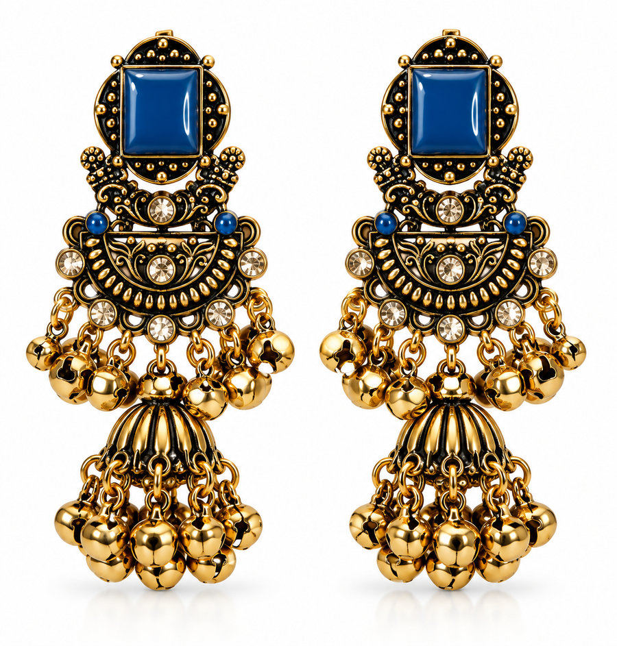 Royal Antique Jhumka Earrings with Statement Stone & Golden Ghungroo
