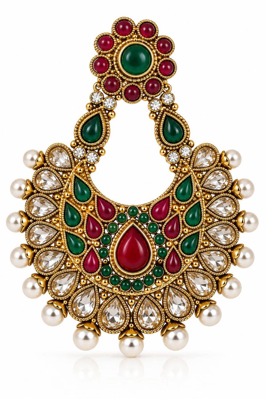 Royal Emerald & Ruby Chandbali Earrings with Pearl Drops