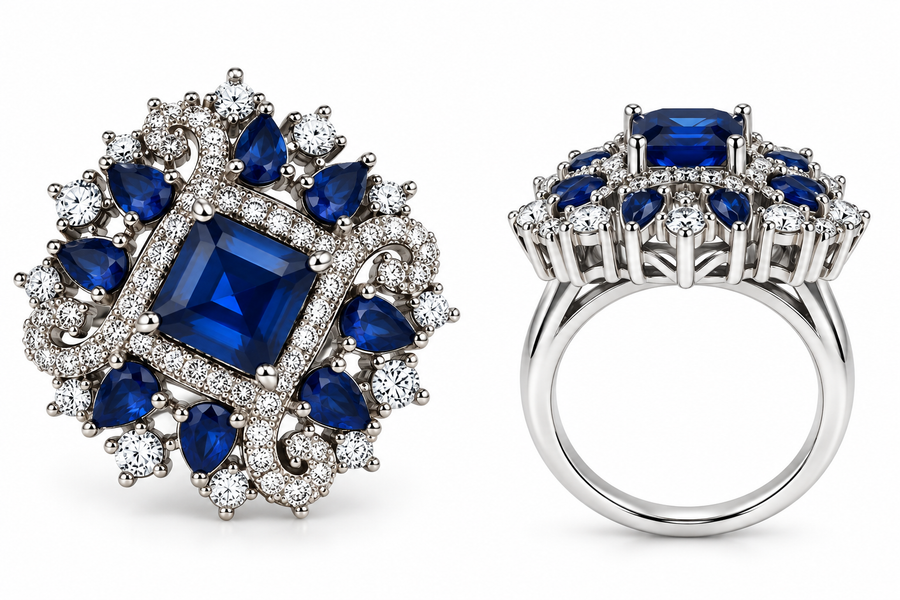 Royal Sapphire Blue Floral Statement Ring