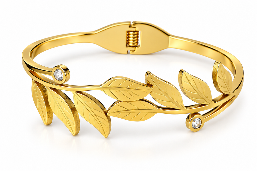 Golden Vine Leaf Cuff Bracelet with Crystal Accents