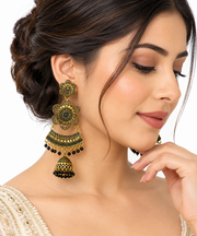 Antique Gold Black Beaded Jhumka Chandelier Earrings