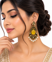 Antique Gold Teardrop Chandbali Earrings with Pearl Drops – Yellow & Purple