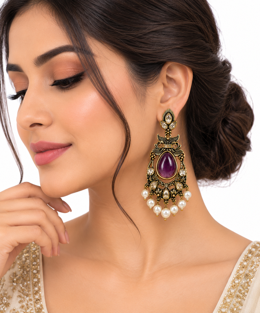 Antique Gold Teardrop Chandbali Earrings with Pearl Drops – Yellow & Purple