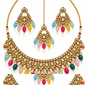 Multicolor Kundan Pearl Choker Necklace Set with Earrings & Maang Tikka