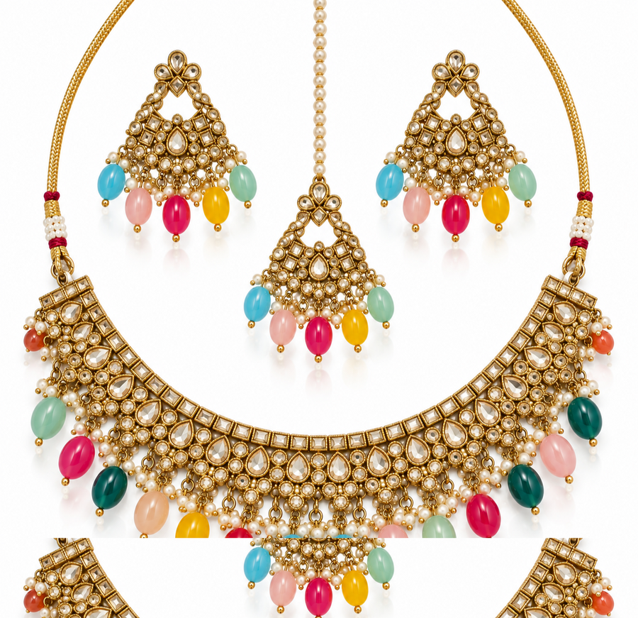Multicolor Kundan Pearl Choker Necklace Set with Earrings & Maang Tikka