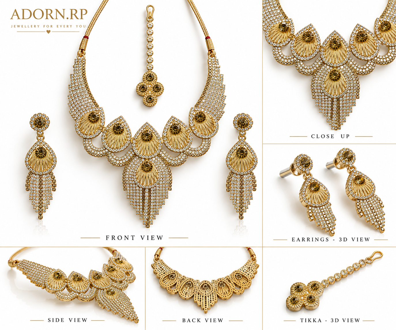 Royal Gold Crystal Statement Necklace Set with Earrings & Maang Tikka