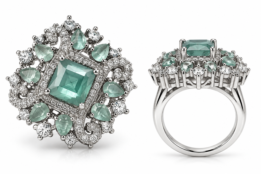 Emerald Green Royal Floral Statement Ring