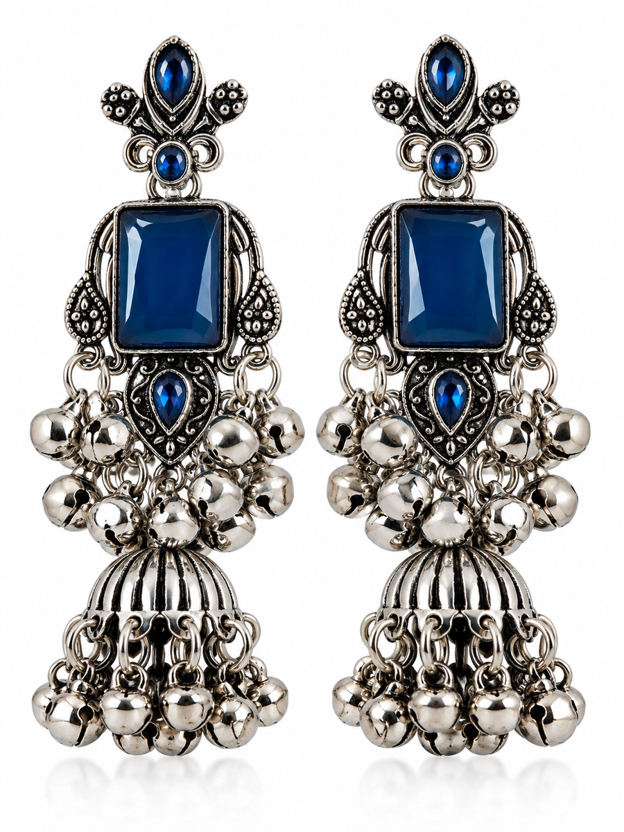 Royal Blue Oxidized Silver Jhumka Earrings