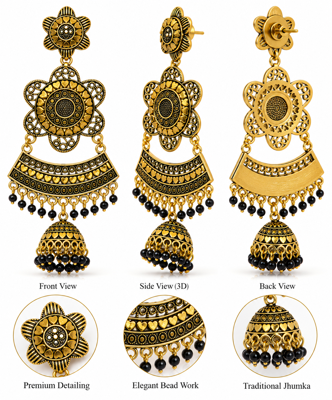 Antique Gold Black Beaded Jhumka Chandelier Earrings