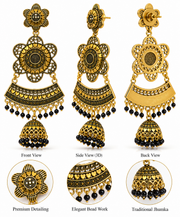 Antique Gold Black Beaded Jhumka Chandelier Earrings