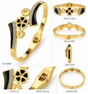 Black Enamel Clover Cuff Bracelet with Crystal Accents