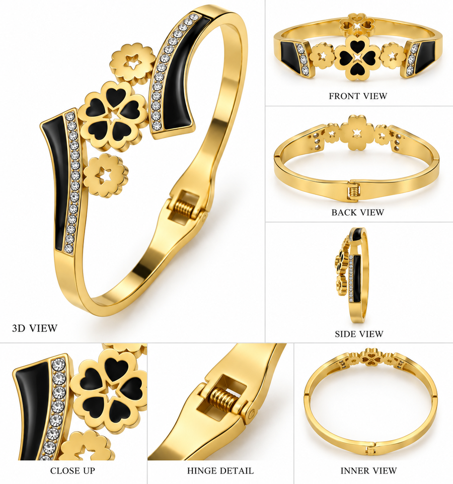 Black Enamel Clover Cuff Bracelet with Crystal Accents