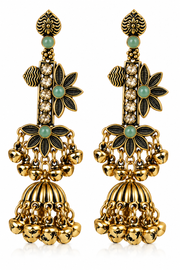 Antique Floral Jhumka Earrings with Stone Accents – Green & Ruby
