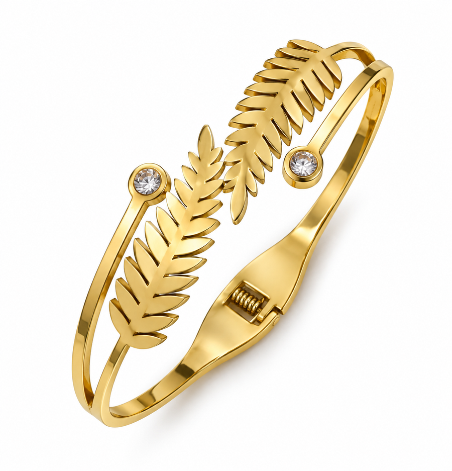 Golden Leaf Cuff Bracelet with Crystal Accents