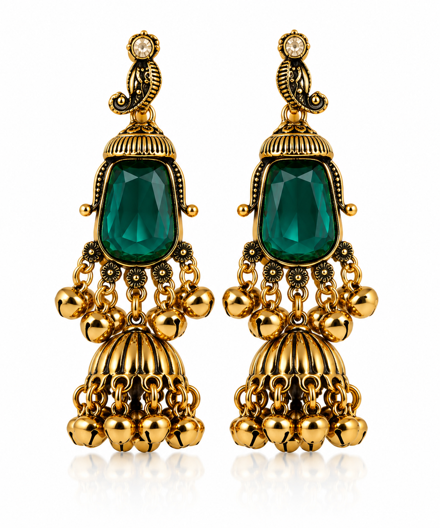 Antique Gold Emerald & Ruby Jhumka Earrings
