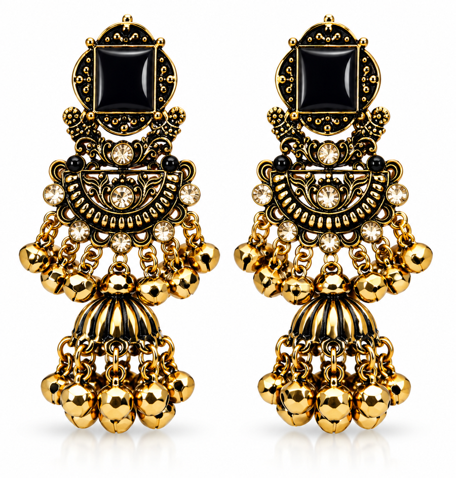 Royal Antique Jhumka Earrings with Statement Stone & Golden Ghungroo