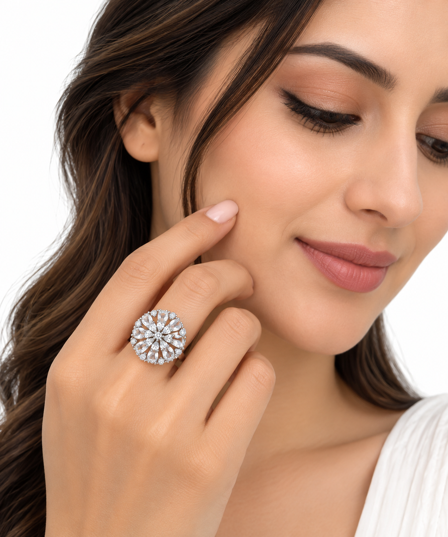 Silver Crystal Floral Statement Ring