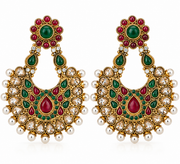 Royal Emerald & Ruby Chandbali Earrings with Pearl Drops
