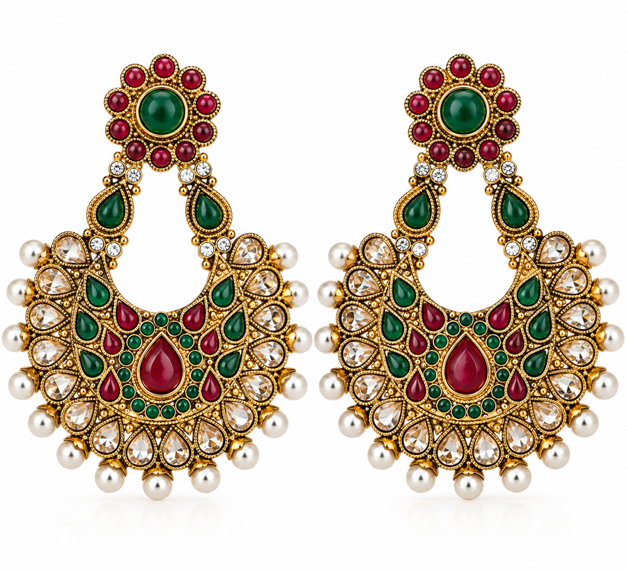 Royal Emerald & Ruby Chandbali Earrings with Pearl Drops