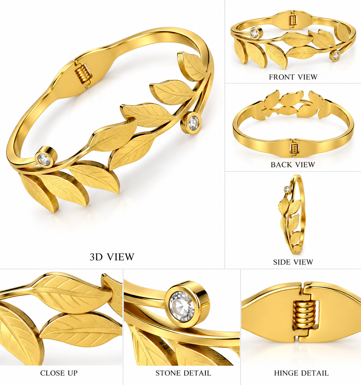 Golden Vine Leaf Cuff Bracelet with Crystal Accents