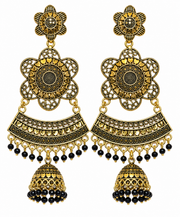 Antique Gold Black Beaded Jhumka Chandelier Earrings