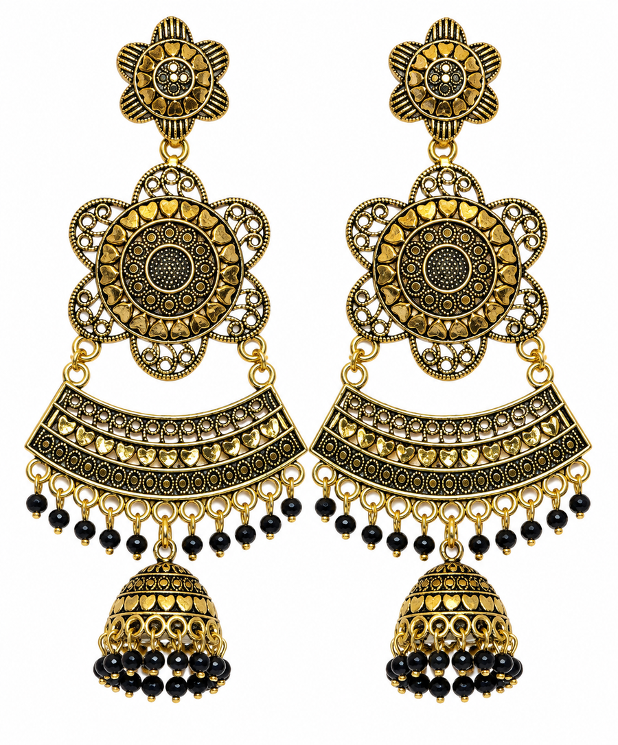 Antique Gold Black Beaded Jhumka Chandelier Earrings