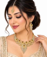 Royal Gold Crystal Statement Necklace Set with Earrings & Maang Tikka