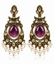 Antique Gold Teardrop Chandbali Earrings with Pearl Drops – Yellow & Purple