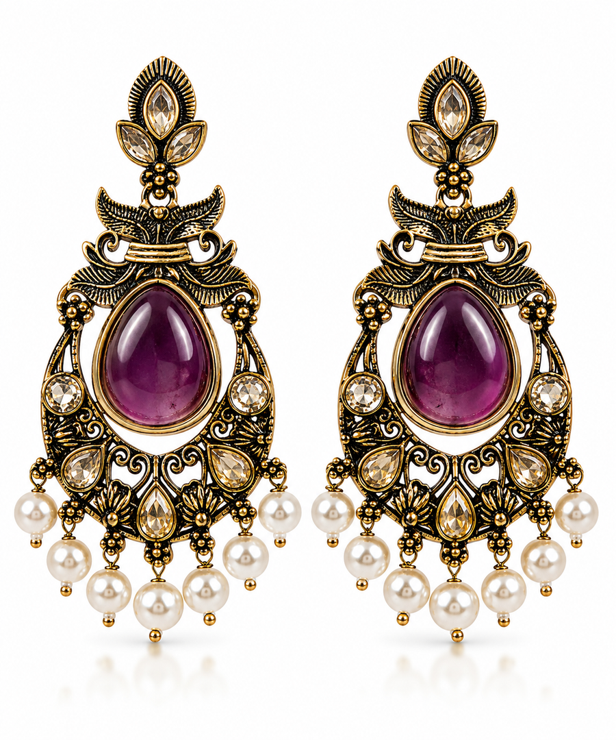 Antique Gold Teardrop Chandbali Earrings with Pearl Drops – Yellow & Purple