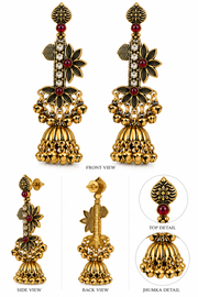 Antique Floral Jhumka Earrings with Stone Accents – Green & Ruby