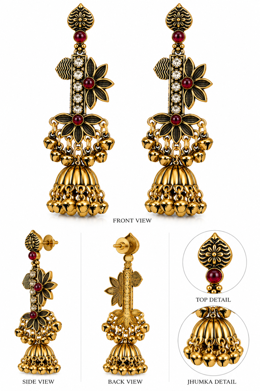 Antique Floral Jhumka Earrings with Stone Accents – Green & Ruby