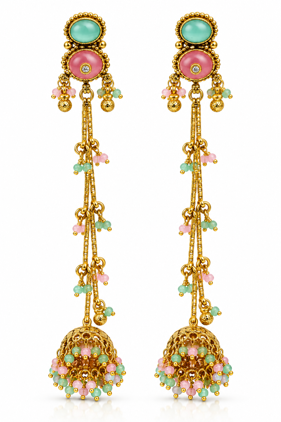 Pastel Pearl Cascade Long Jhumka Earrings