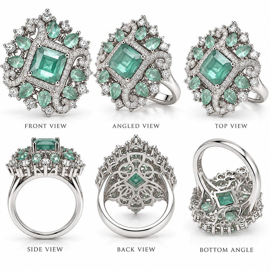 Emerald Green Royal Floral Statement Ring