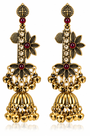 Antique Floral Jhumka Earrings with Stone Accents – Green & Ruby