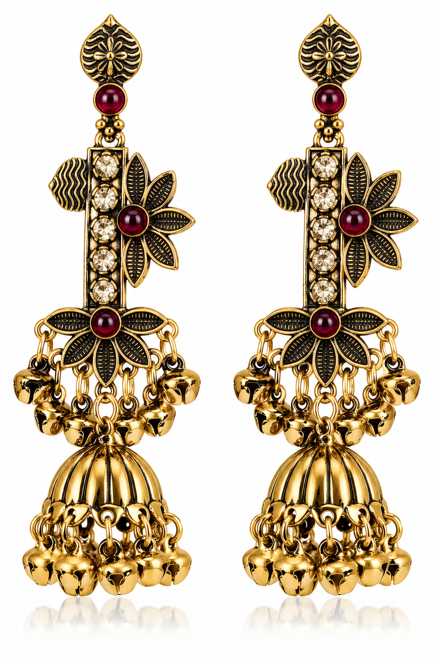 Antique Floral Jhumka Earrings with Stone Accents – Green & Ruby