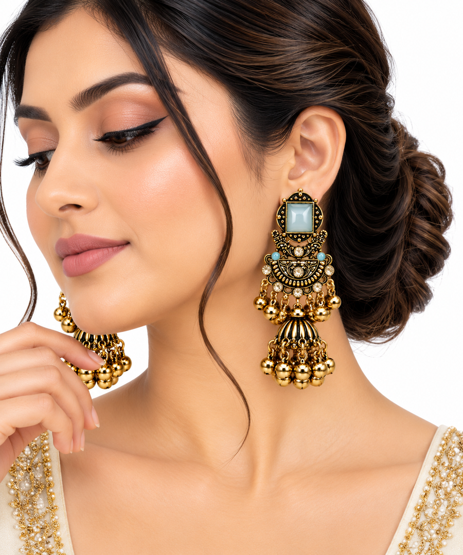 Royal Antique Jhumka Earrings with Statement Stone & Golden Ghungroo