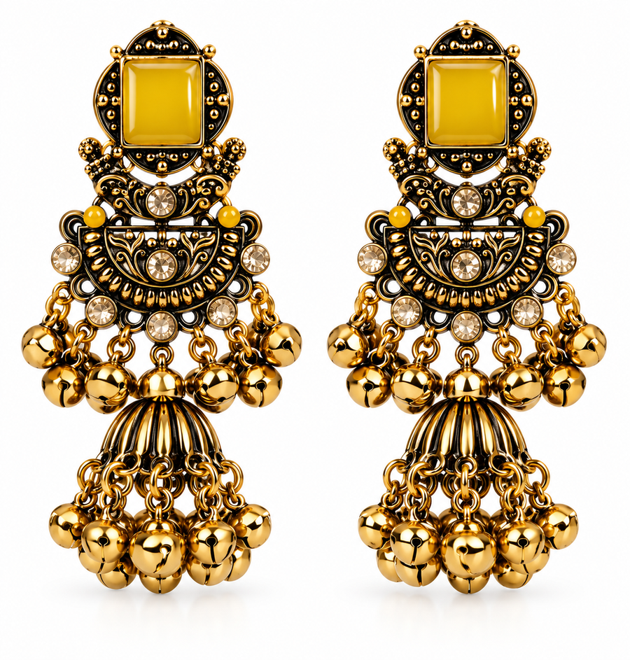 Royal Antique Jhumka Earrings with Statement Stone & Golden Ghungroo
