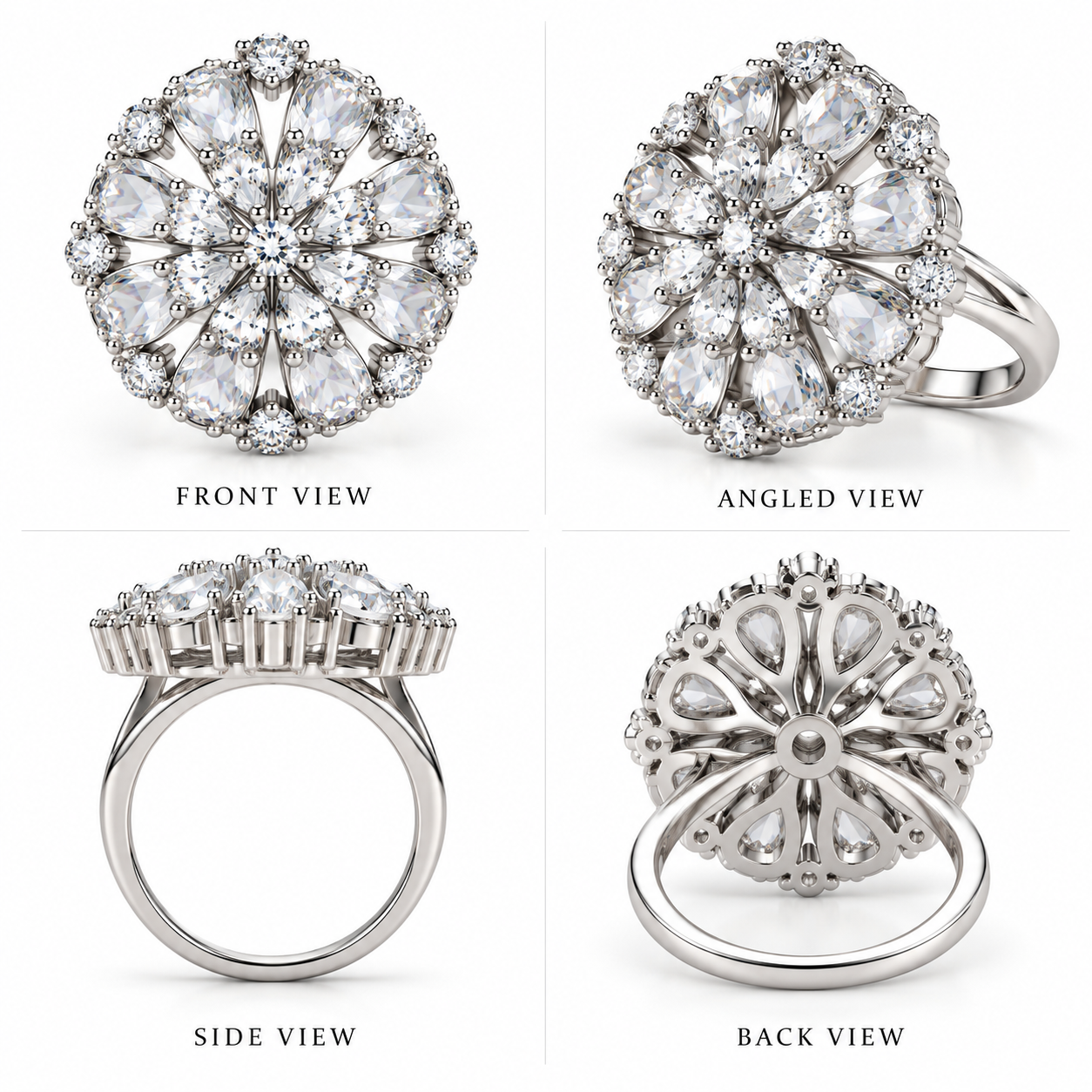 Silver Crystal Floral Statement Ring