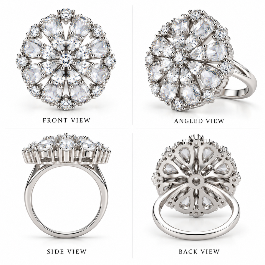 Silver Crystal Floral Statement Ring