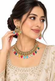 Multicolor Kundan Pearl Choker Necklace Set with Earrings & Maang Tikka