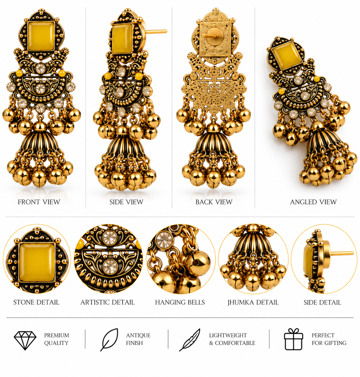 Royal Antique Jhumka Earrings with Statement Stone & Golden Ghungroo
