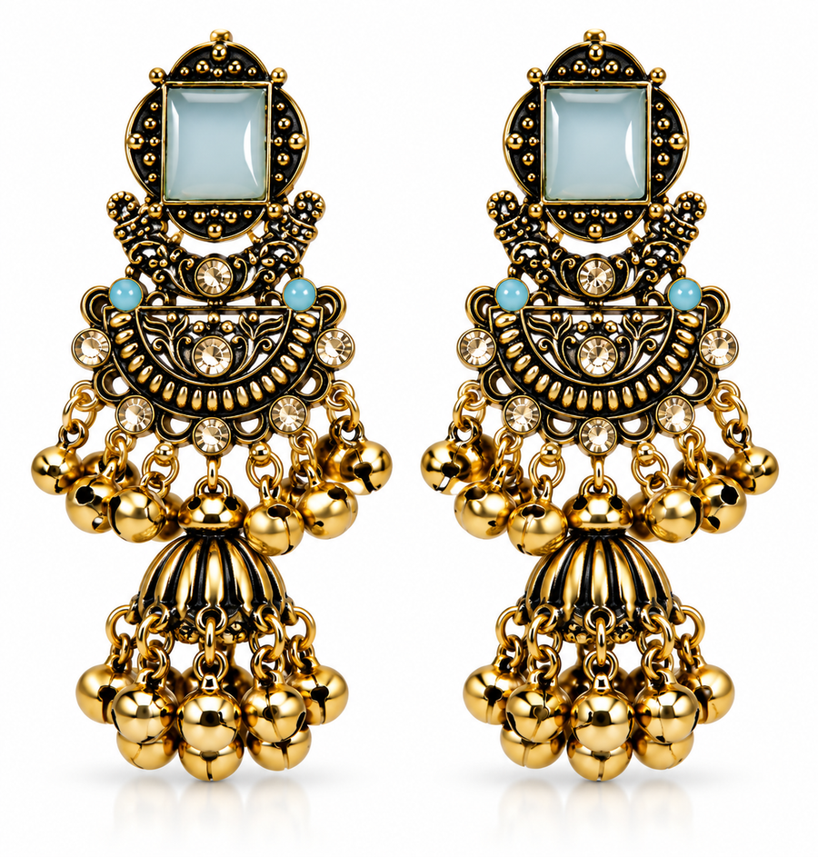 Royal Antique Jhumka Earrings with Statement Stone & Golden Ghungroo