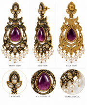 Antique Gold Teardrop Chandbali Earrings with Pearl Drops – Yellow & Purple