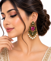 Antique Gold Yellow Stone Jhumka Earrings with Ghungroo Drops