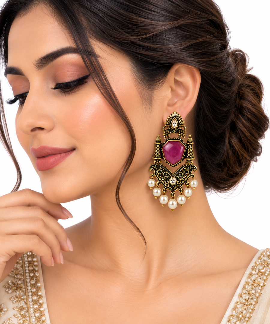 Antique Gold Yellow Stone Jhumka Earrings with Ghungroo Drops