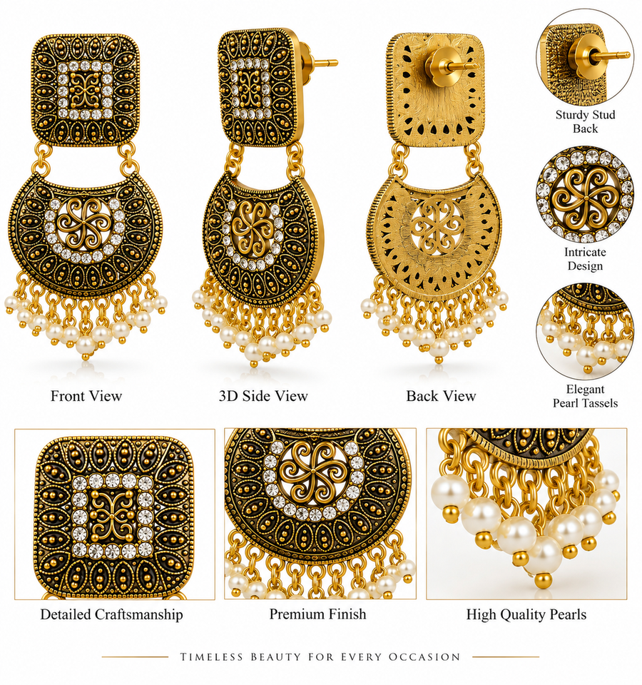 Antique Gold Pearl Tassel Chandbali Earrings